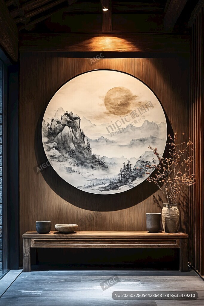 中式玄关的山水墨画装饰