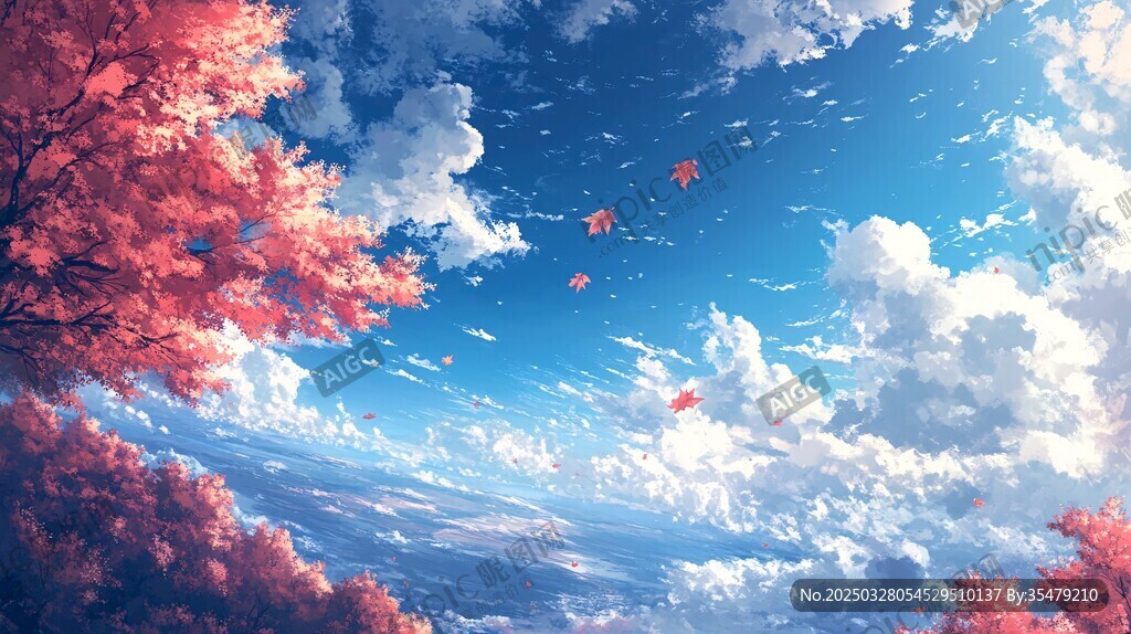 梦幻秋日天空枫叶美景