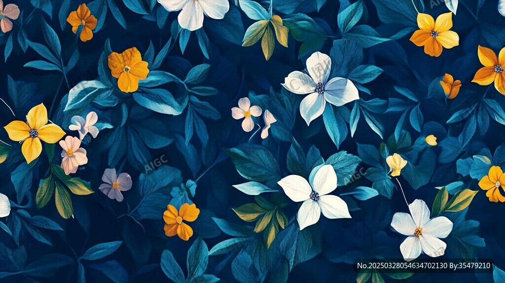 深蓝色底多彩花卉图案