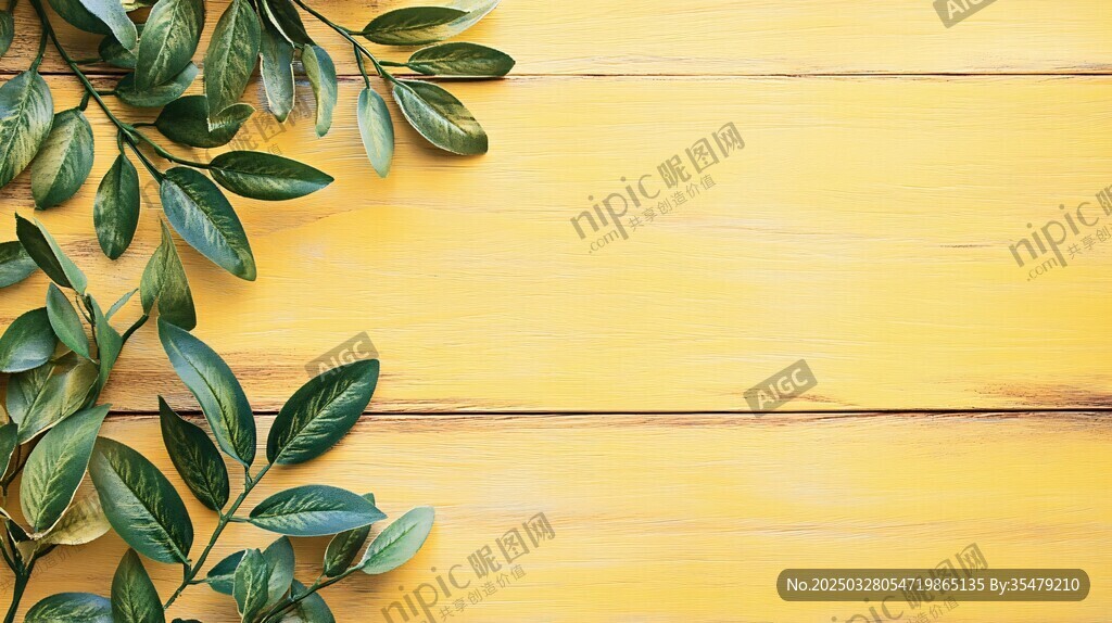 黄色木板上的翠绿枝叶