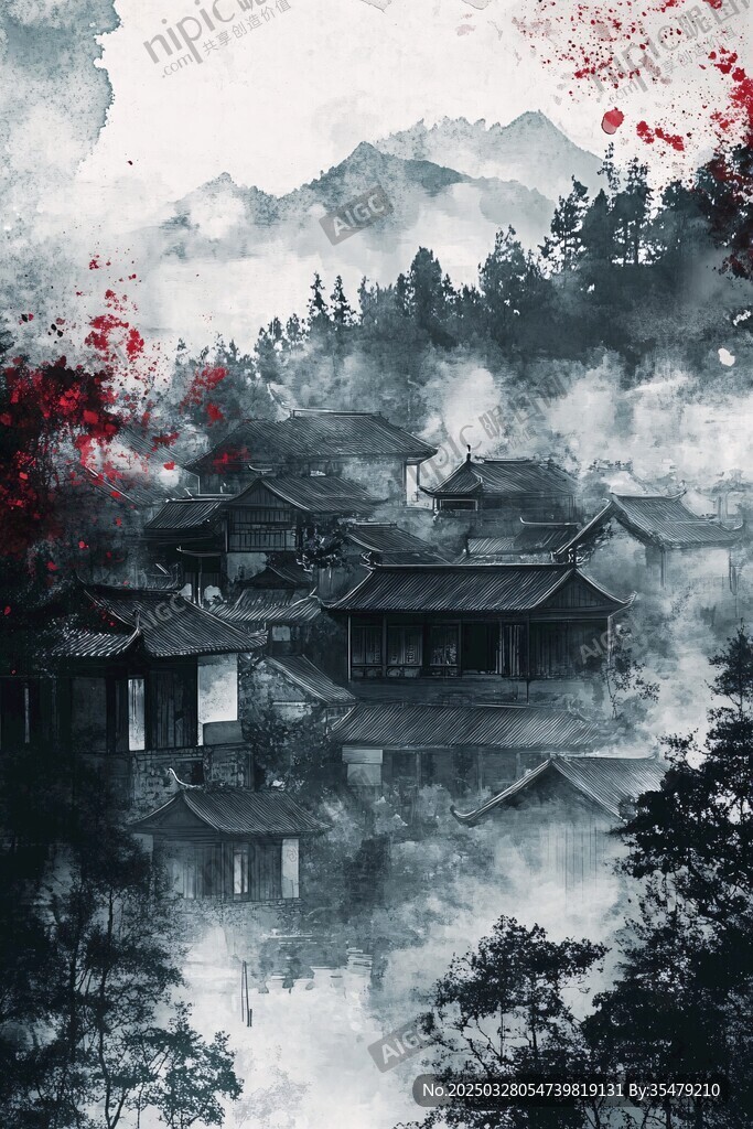 水墨古风村落 红韵染山川