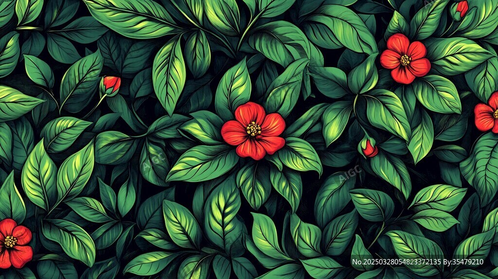 红花绿叶无缝植物图案