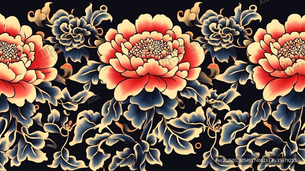 古典牡丹花卉中式花纹图案