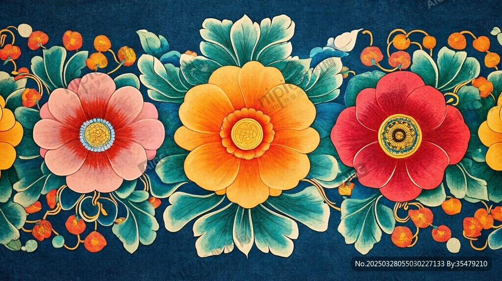 中式繁花图案 色彩绚丽