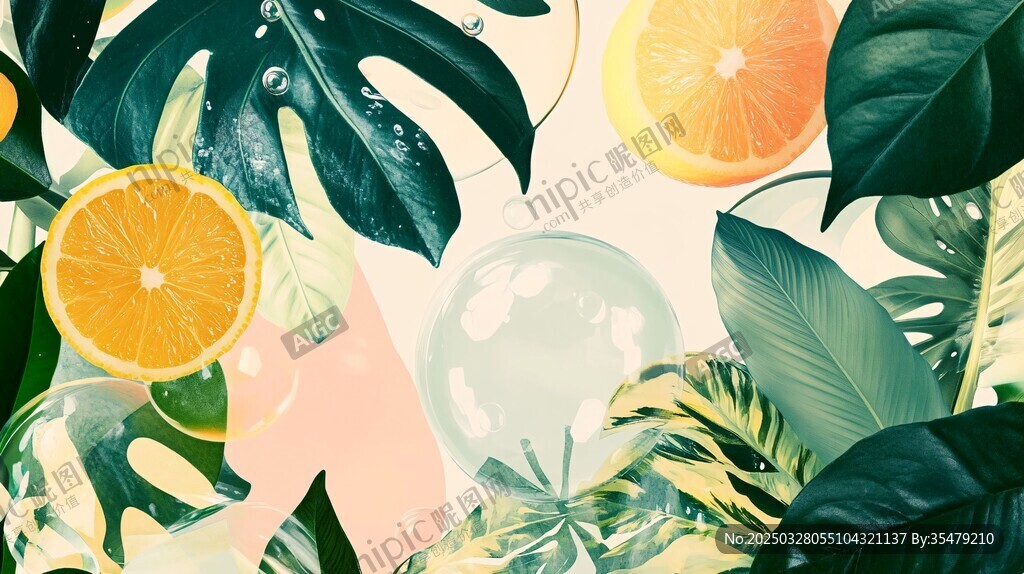 热带水果与绿植梦幻插画