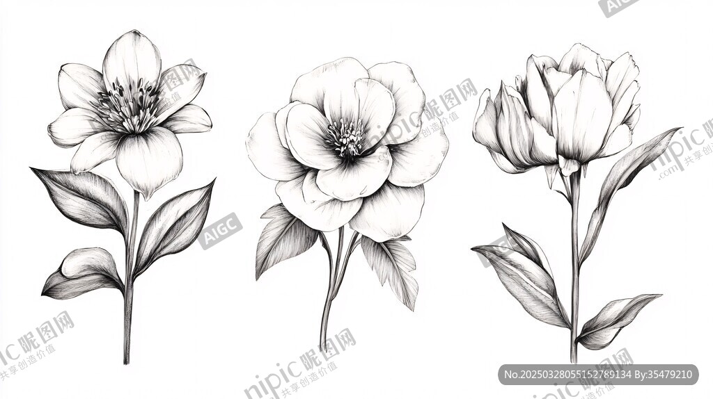 三朵手绘花卉黑白插画