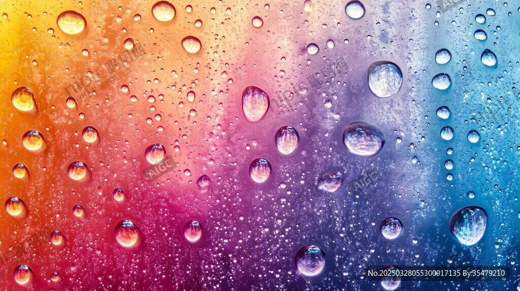 彩虹背景上的晶莹水滴