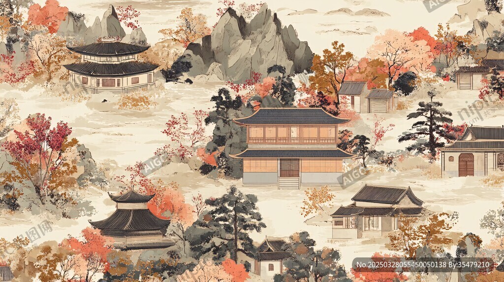 秋日中式山水古建筑图景