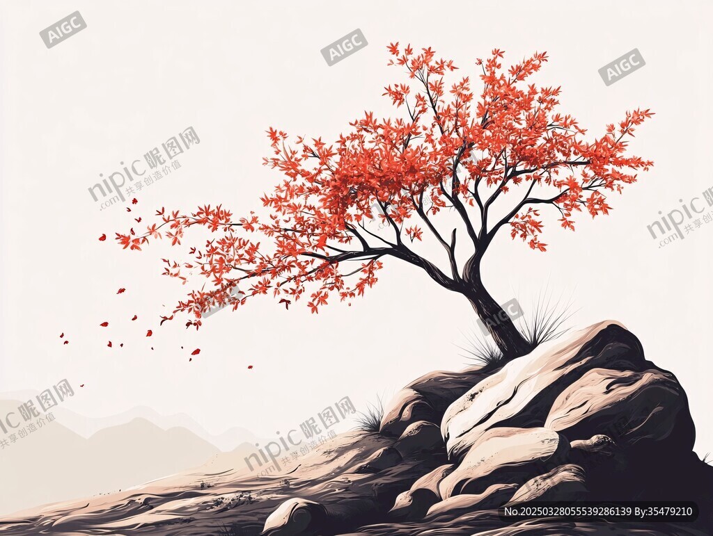 孤树绽红于嶙峋山石间