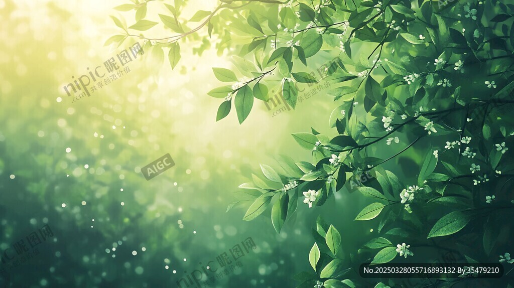 春日绿叶光影梦幻背景