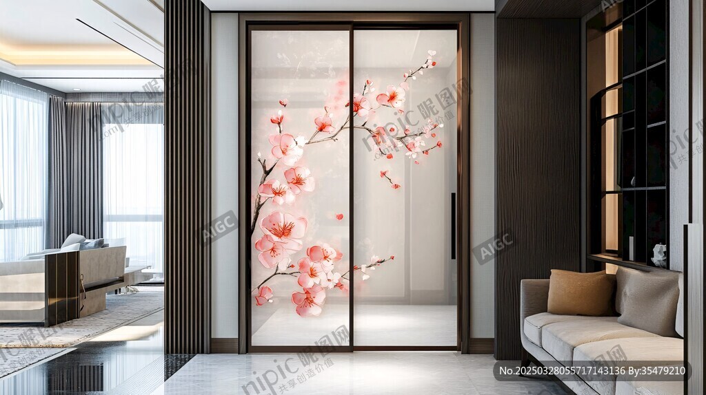 中式梅花玻璃移门客厅设计