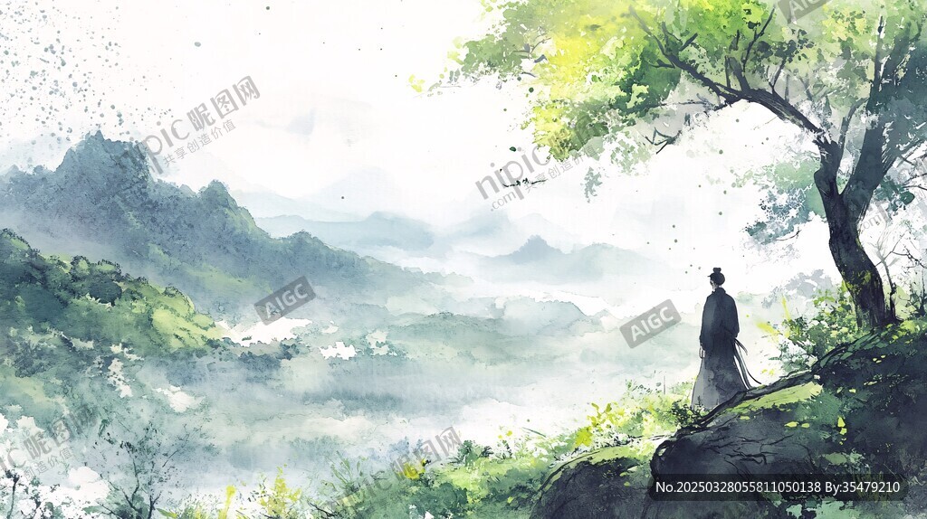 一人赏景于山水绿意间