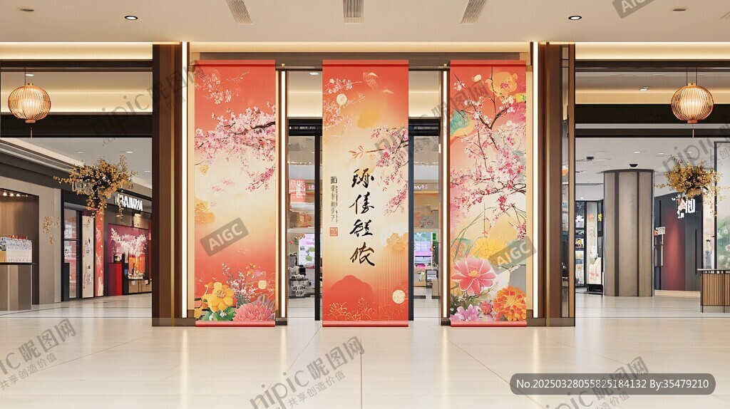 商场新春装饰喜庆三联幅