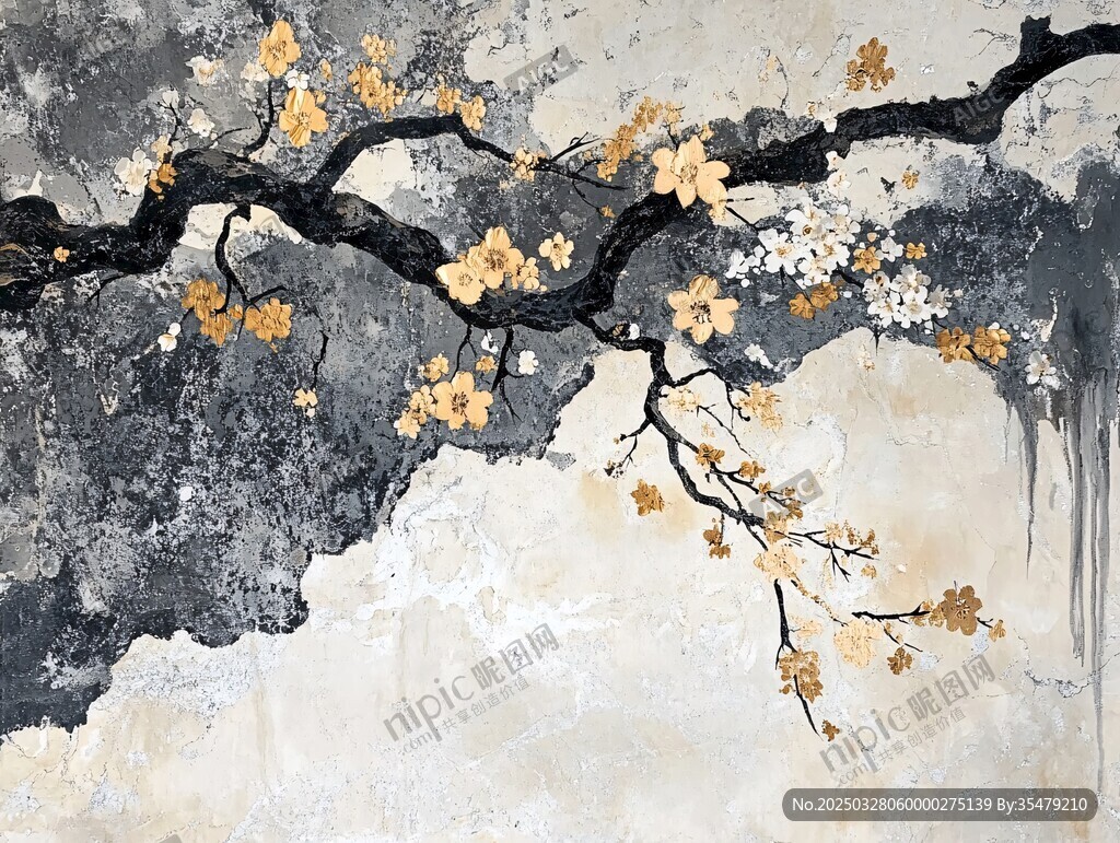 水墨风枝头繁花艺术画