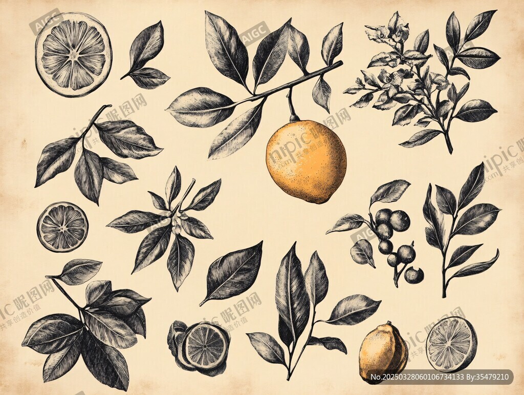 复古风格柠檬枝叶插画