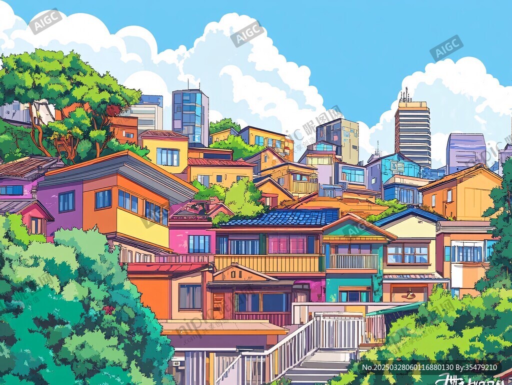 彩色卡通风格的城镇景观