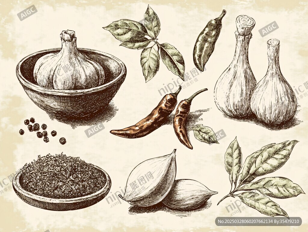 手绘香料与调味食材集合