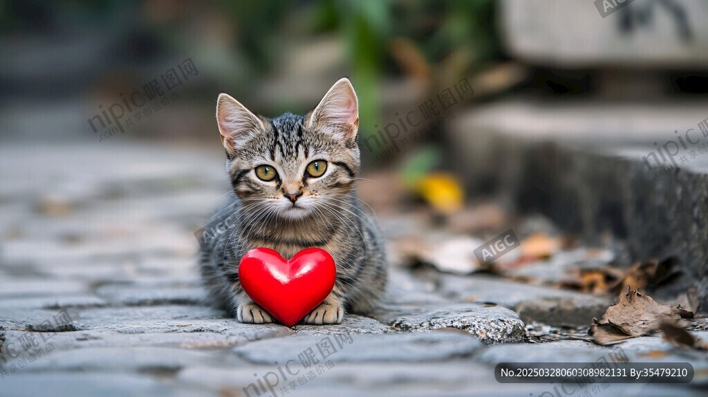 小猫抱红心 尽显萌态