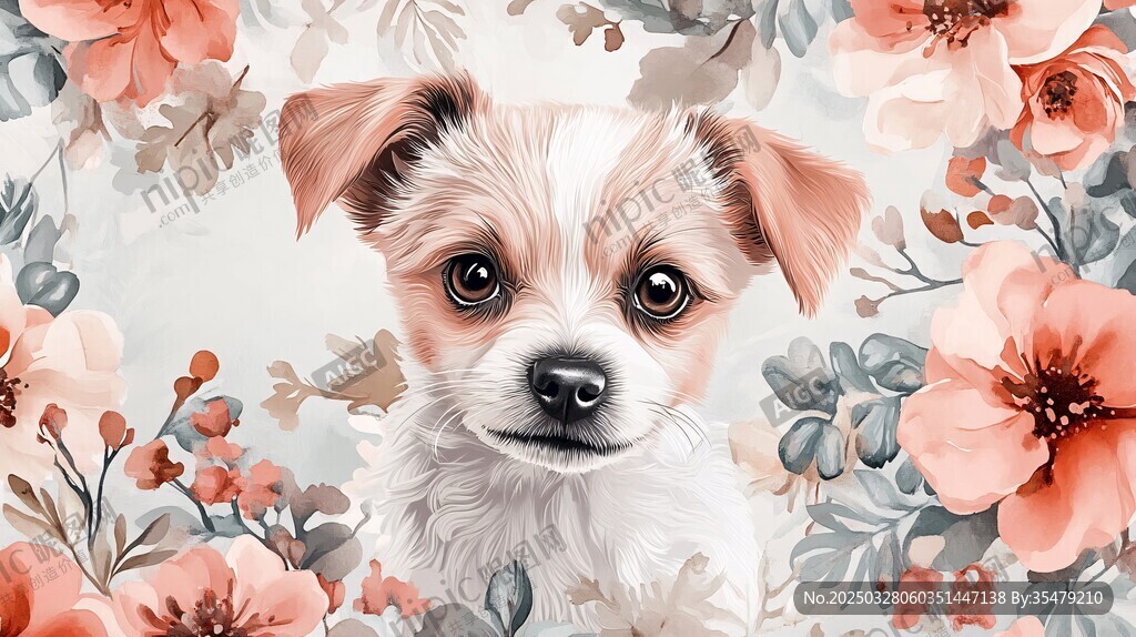 萌犬置身缤纷花卉间