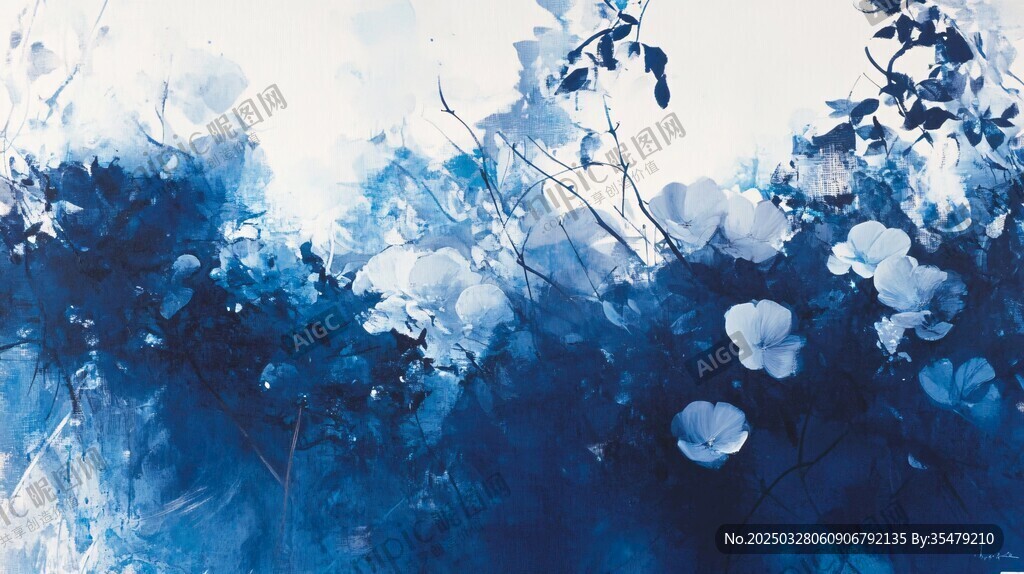 蓝调花卉梦幻水彩画