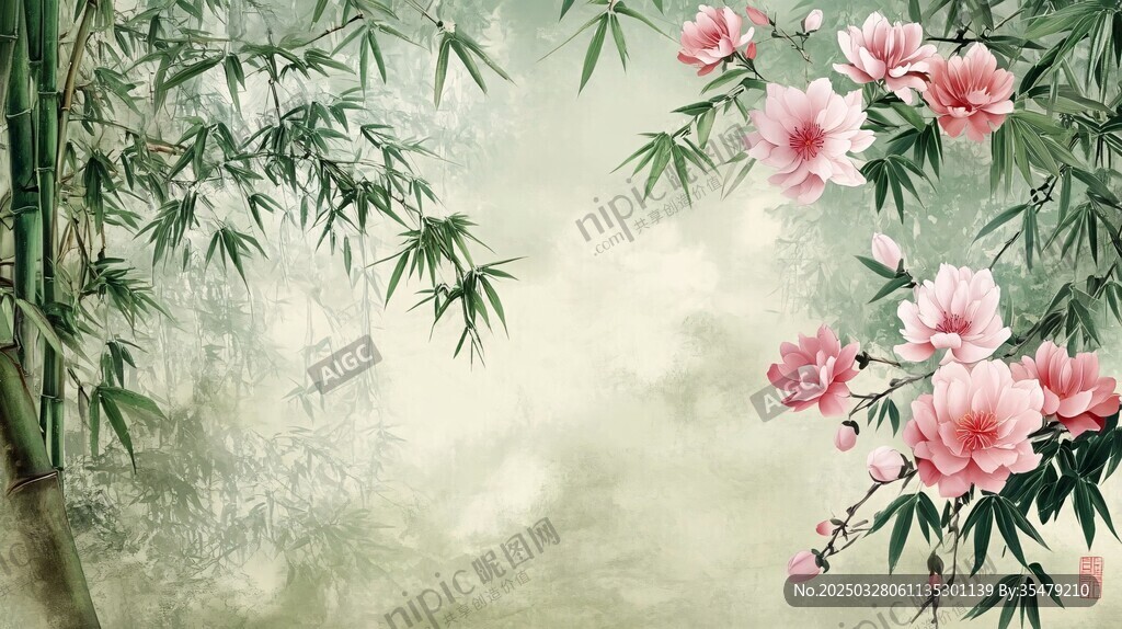 竹桃相映的中式诗意景致