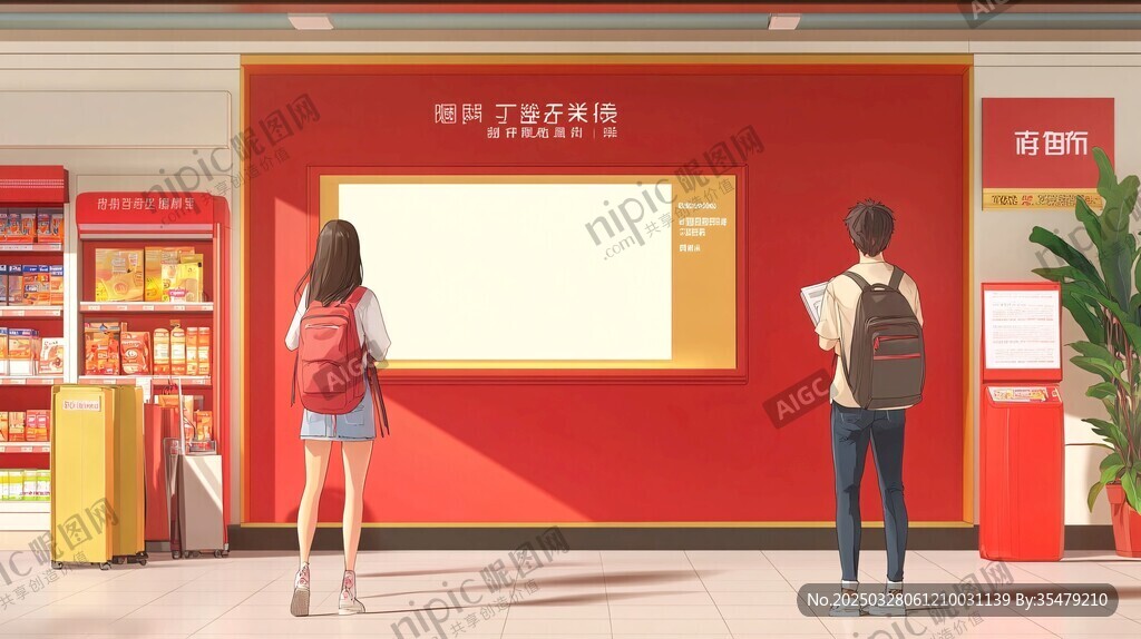 超市内两人驻足看宣传板