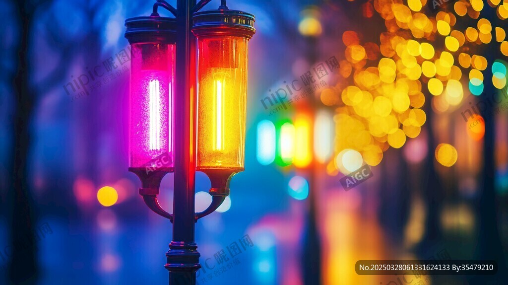 梦幻夜景中的多彩街灯