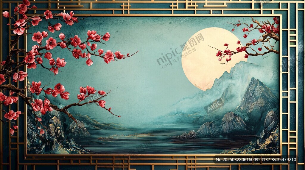 中式月夜山水红梅图景