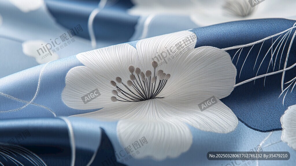 蓝底白花丝绸布料图案