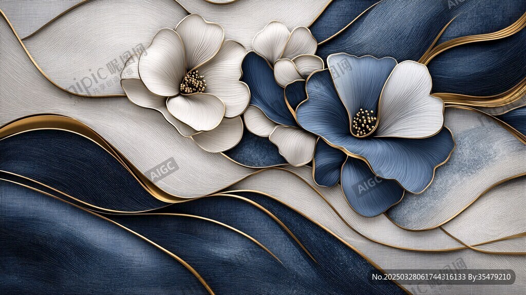 蓝白花卉立体装饰画