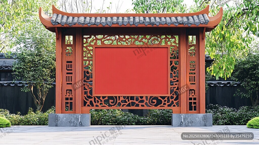 中式镂空红屏风景观