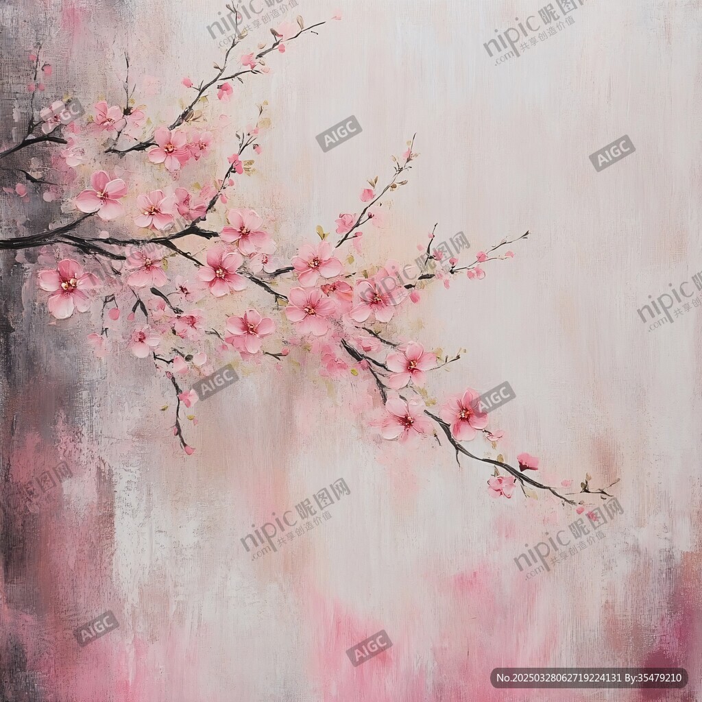 粉色桃花枝的唯美画作