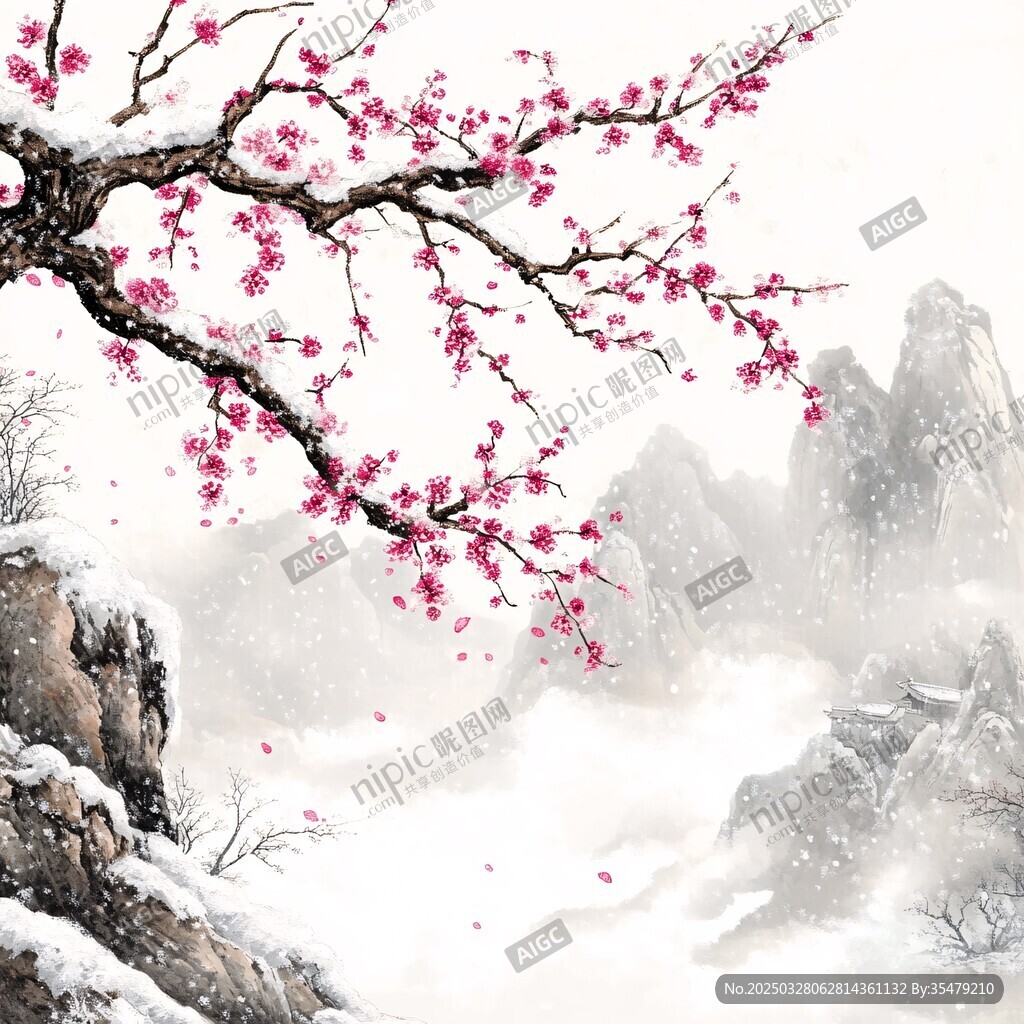 雪中红梅映山川
