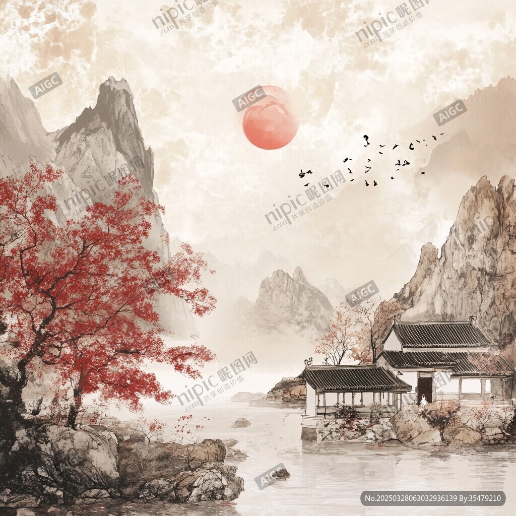 落日山水间的中式诗意景