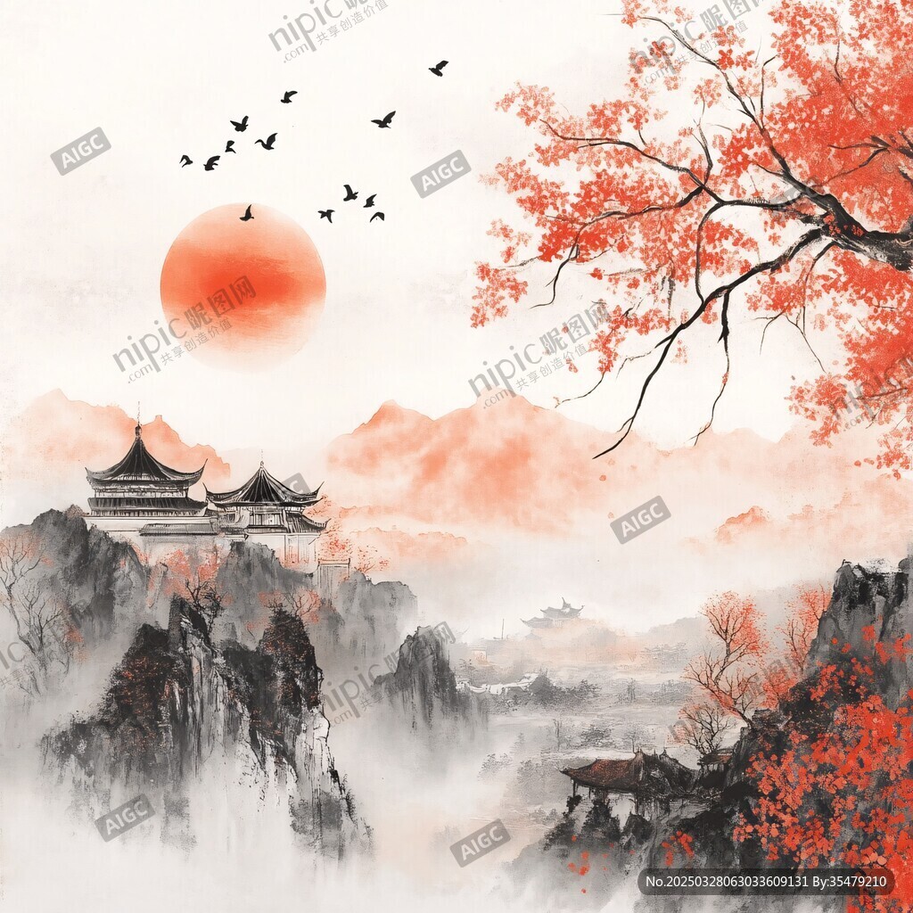 落日映山景 古建飞鸟图