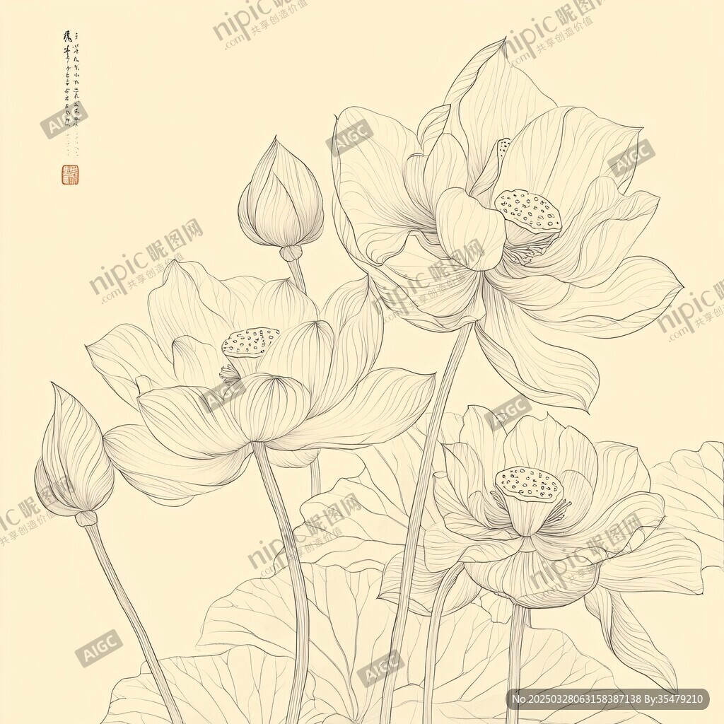 工笔荷花线描图