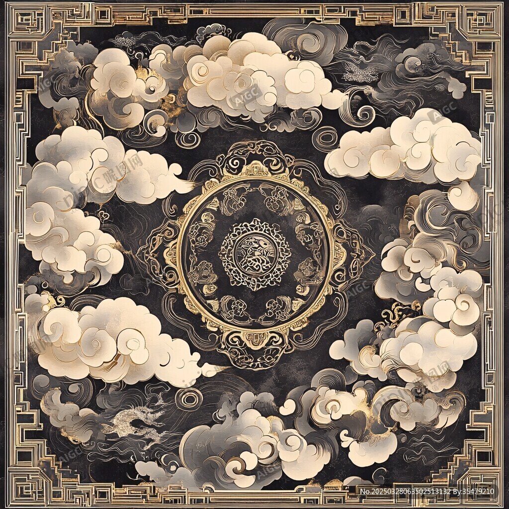 中式云纹金框传统装饰画