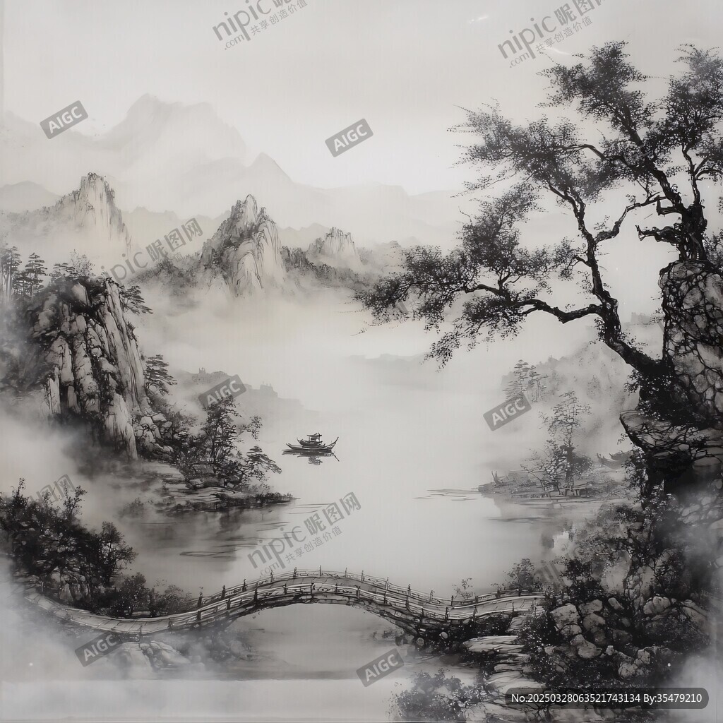 水墨山水间孤舟过桥景