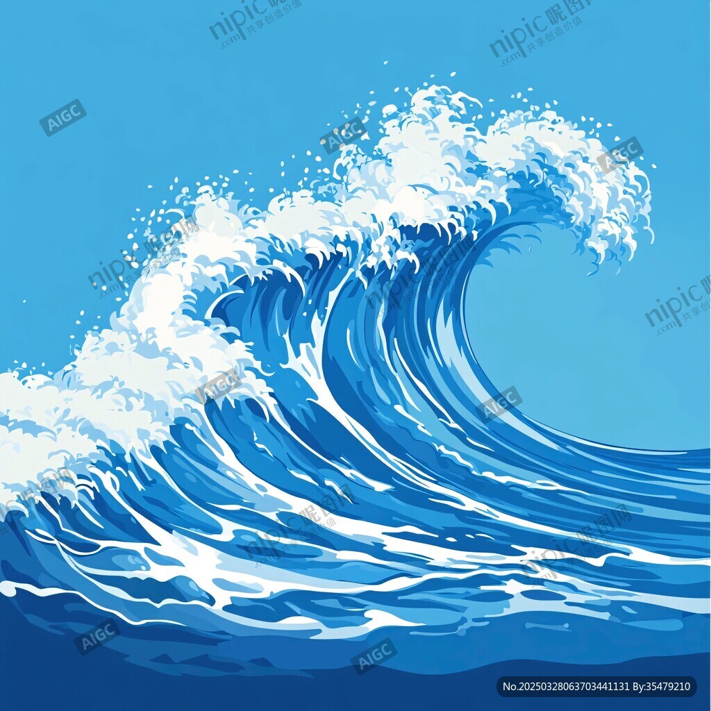 蓝色汹涌海浪插画