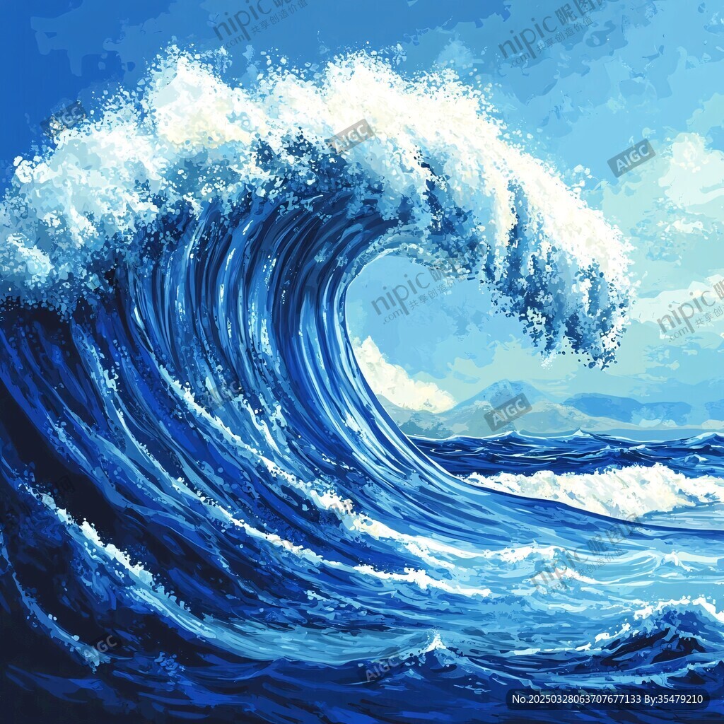 蓝色汹涌海浪绘画艺术图