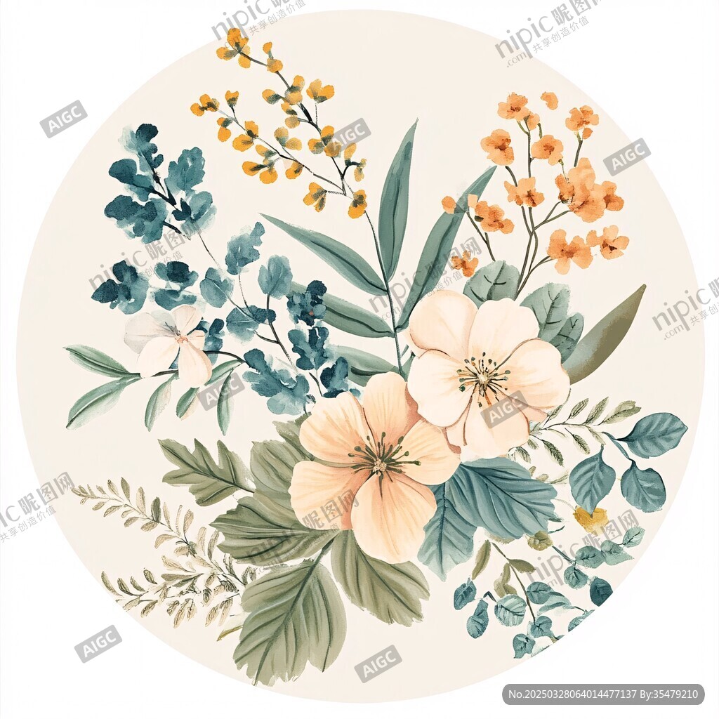 圆形花卉插画 清新自然风