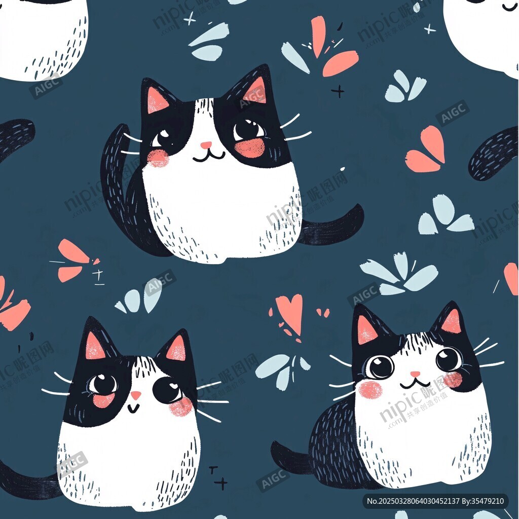 可爱猫咪与花朵图案设计
