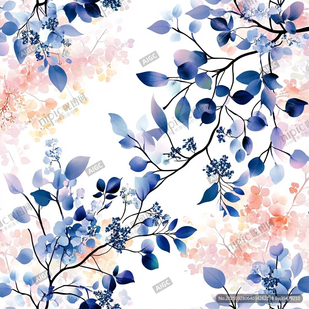蓝粉花卉水彩风无缝图案