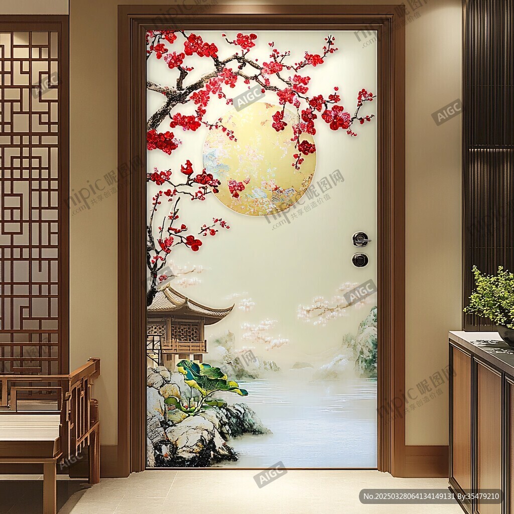 中式玄关梅花圆月装饰画