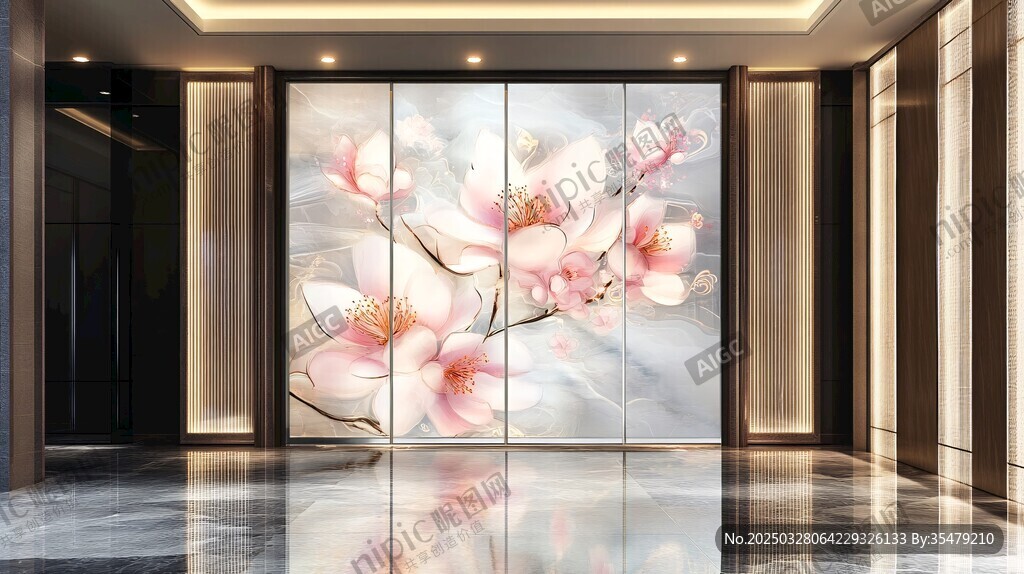 中式玄关玉兰花艺术背景墙
