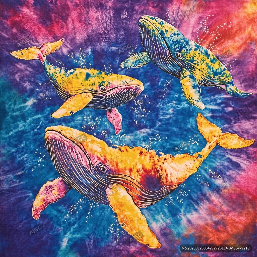 梦幻色彩中遨游的三头鲸鱼