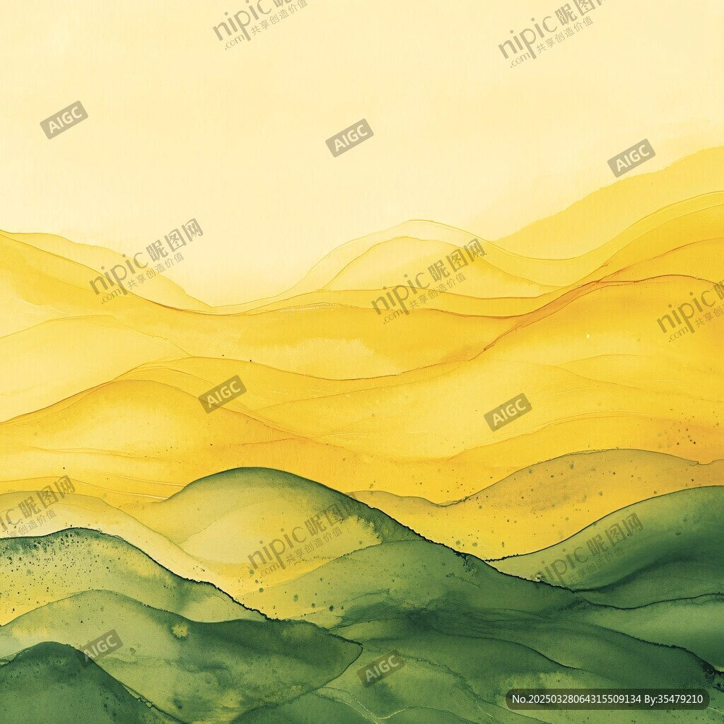 梦幻黄绿渐变山水水彩画