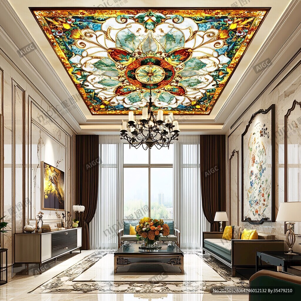 奢华客厅的精美彩色玻璃吊顶