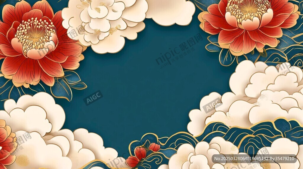 中式牡丹祥云背景图