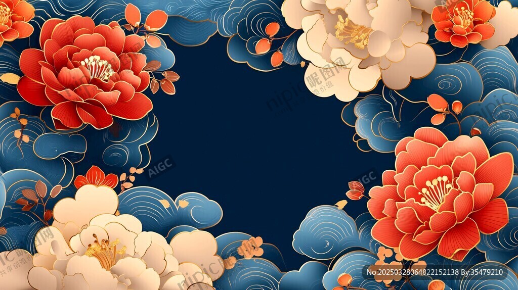 中式牡丹海浪国风背景图